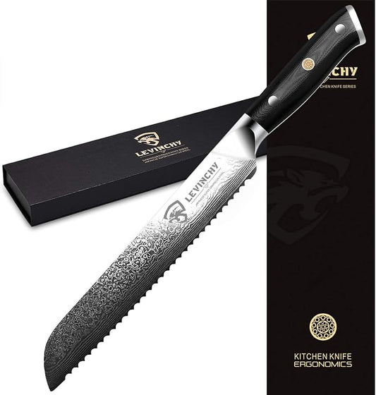 Bread Knife 8 inch Professional Japanese Damascus Stainless Steel with Black Premium G10 Handle, Ergonomic Pro Kitchen Knife, Superb Edge Retention, Stain & Corrosion Resistant