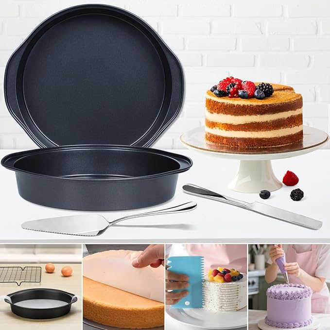 Hunnycook Cake Pan Set - 138 Piece 8-inch Round Cake Pans, Carbon Steel Cake Pan with Handles, Cake Decorating Kit with Parchment Papers, Piping Bag and More Accessories