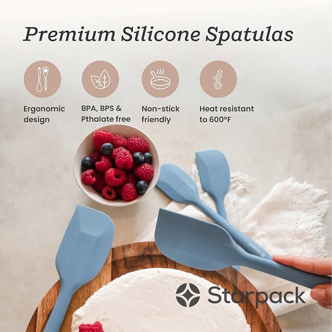 Starpack 'Scrape and Stir' Silicone Rubber Spatula Set (4-Piece) - LFGB Non Toxic, 600°F Heat Resistant, BPA-Free - One-Piece Kitchen Baking Spatulas - Dishwasher Safe for Nonstick Cookware Light Blue