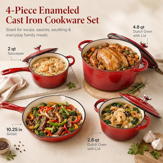 Hisencn Enameled Cast Iron Cookware Set - 7 Piece Dutch Ovens Set, Sauce Pan, Skillet, 3 Lids, Pots and Pans Set, Ceramic Coated Cast Iron, Heavy Duty, Gas/Induction Compatible, PFA Free, Rouge Red