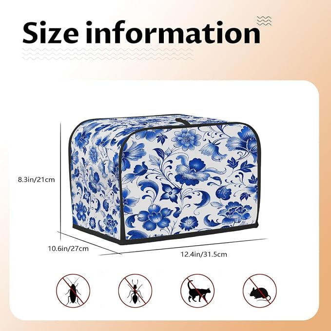 Blue Flower Toaster Cover 4 Slice Wide Slot Washable Toaster Covers | Floral Art Dust and Fingerprint Protection Bread Maker Covers for Kitchen Accessories Decor Bakeware Women Gift