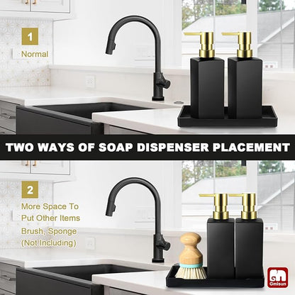 GMISUN Kitchen Soap Dispenser Set with Tray, Dish Soap Dispensers for Kitchen, 12fl oz/350ml Hand and Dish Soap Dispenser Set, Black Soap Dispensers with Gold Pump, Glass Liquid Soap and Lotion Bottle