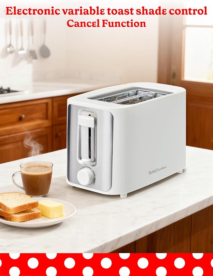 Betty Crocker 2-Slice Toaster, 900W, Variable Toast Shade Control, High Lift Feature, Cool Touch Housing, Bread Centering Guides, Drop Down Crumb Tray, BC-5632W, White