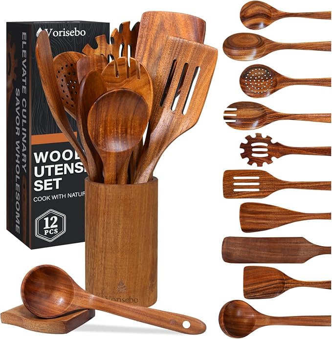 12 Piece Wooden Spoons for Cooking, Natural Teak Wooden Utensils Set, Handmade Wood Kitchen Utensil Set with Holder and Spoon, Durable Nonstick, Comfort Grip Wood Cookware Tool