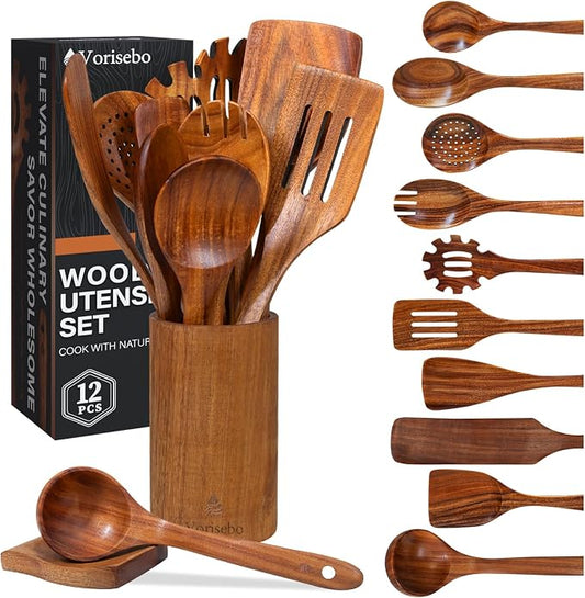 12 Piece Wooden Spoons for Cooking, Natural Teak Wooden Utensils Set, Handmade Wood Kitchen Utensil Set with Holder and Spoon, Durable Nonstick, Comfort Grip Wood Cookware Tool