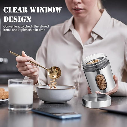 Mimorou 3 Pcs Stainless Steel Canister Set with Glass Windows Visible Storage Jars Silver Kitchen Canister Set for Pasta Flour Oat Sugar Container, Kitchen Tools, Housewarming Gifts (20 oz)