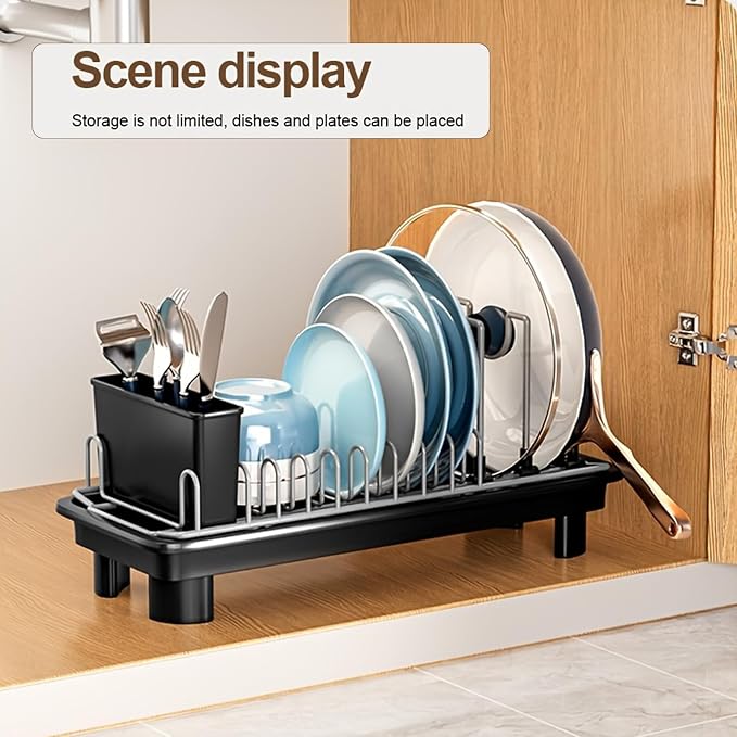 Compact Dish Drying Rack for Countertop, Small-Sized for Dorms, RVs & Tiny Kitchens, Auto-Drain, Adjustable Slots, Rust-Resistant with Utensil Caddy & Sponge Holder (G er y)