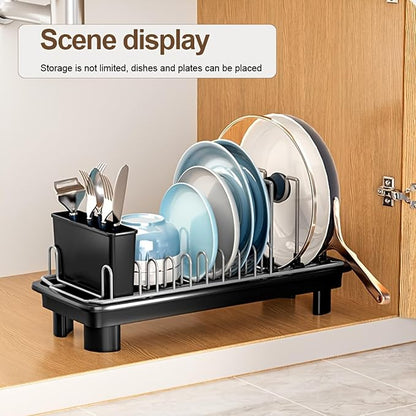 Compact Dish Drying Rack for Countertop, Small-Sized for Dorms, RVs & Tiny Kitchens, Auto-Drain, Adjustable Slots, Rust-Resistant with Utensil Caddy & Sponge Holder (G er y)