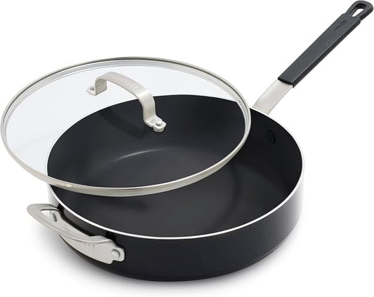 GreenPan x Bobby Flay 4.5QT Nonstick Saute Pan with Glass Lid, PFAS-Free Diamond Ceramic, Induction Suitable, Stay-Cool Silicone Handle, Easy Clean Dishwasher & Oven Safe, Black