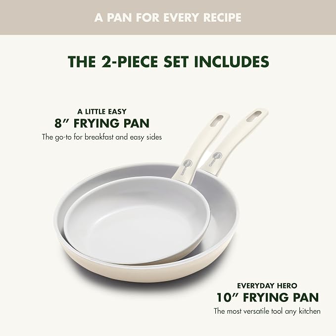 GreenPan Dover 8” 10” 2 Piece Frying Pan Skillet Set, Non-Toxic PFAS-Free Ceramic Nonstick Coating, Sear Saute Fry Egg Omlete, Dishwasher & Oven Safe, Stay Cool Handle, Easy Pour Rims, Cream White