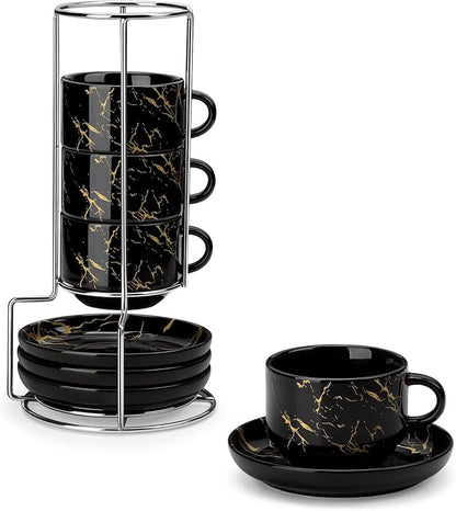 MALACASA 2.5 OZ Porcelain Espresso Cups with Saucers and Metal Stand Set of 4, Stackable Cappuccino Cups, Marble Black Expresso Shots Cup Set for Coffee Drinks, Latte, Tea