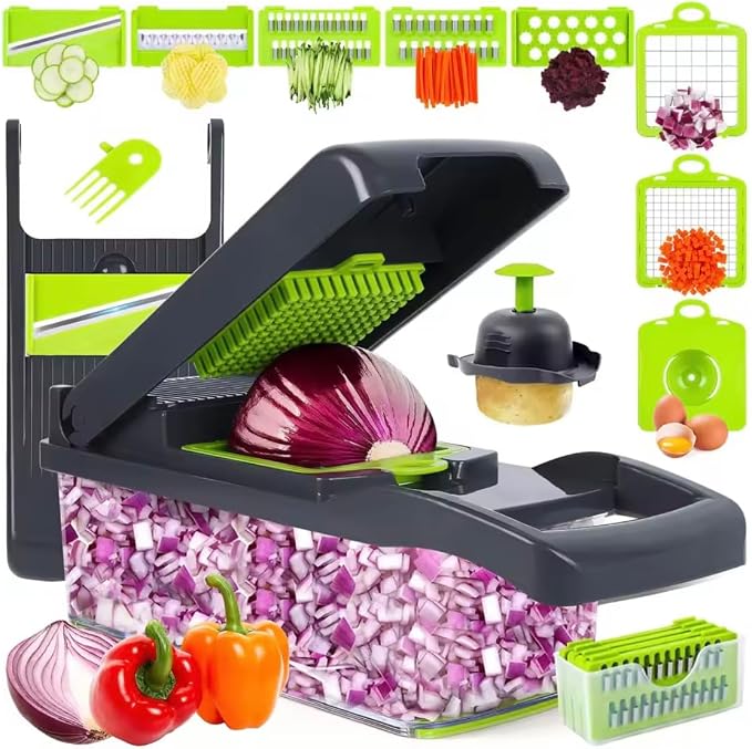 16-in-1 Vegetable Chopper with Container, 8-Blade Food Chopper, Onion Chopper, Veggie Cutter & Mandoline Slicer, BPA-Free Kitchen Gadget