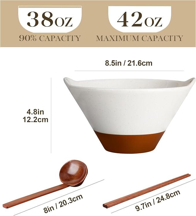 MALACASA Ceramic Ramen Bowl Set – 42 oz, with Wooden Spoon & Chopsticks, Microwave & Oven Safe, Japanese Style Soup Bowls for Ramen, Pho, Noodles – Set of 2, White & Khaki – TARA Series