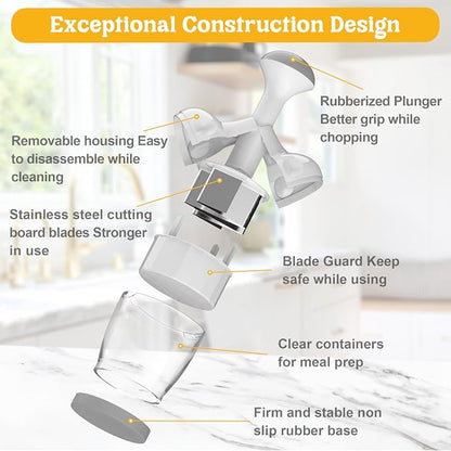 Food Chopper with Container – Manual Onion & Vegetable Chopper, 360° Stainless Steel Blades, Handheld Garlic Nut Veggie Cutter, Dishwasher Safe, Easy to Clean, White