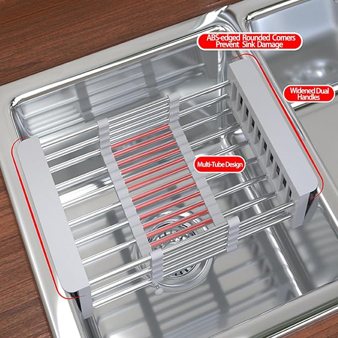 Dish Drying Rack, Adjustable Stainless Steel Drainer Basket Drain Tray for Dishes, Vegetables, and Fruit, On or in Sink Kitchen Basket Dish Drying Rack-Grey