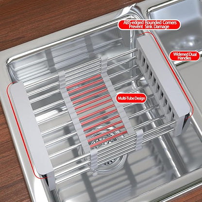 Dish Drying Rack, Adjustable Stainless Steel Drainer Basket Drain Tray for Dishes, Vegetables, and Fruit, On or in Sink Kitchen Basket Dish Drying Rack-Grey