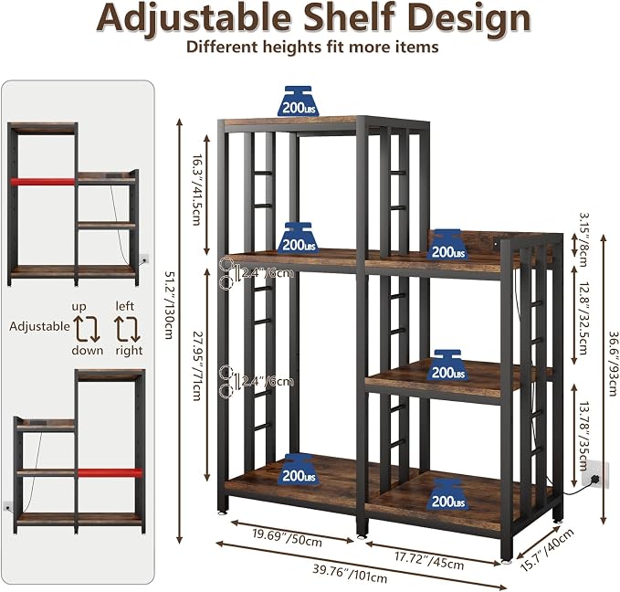 METYERRY 6-Tier Adjustable Mini Fridge Cabinet with Power Outlet,Kitchen Bakers Rack with Storage,Mini Fridge and Microwave Stand,Coffee Bar, Free Standing Shelf for Kitchen, Home Office,Rustic Brown