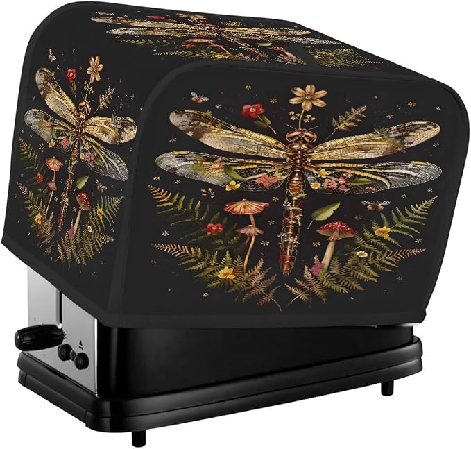 Animal Dragonfly Toaster Cover 2 Slice Wide Slot Washable Toaster Covers | Flower Art Dust and Fingerprint Protection Bread Maker Covers for Kitchen Accessories Decor Bakeware Women Gift