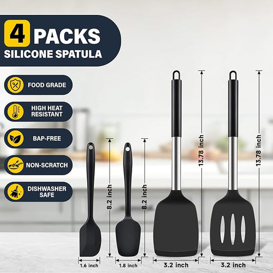 Silicone Spatula Set, Heat Resistant Solid & Slotted Turner for Non-Stick Pans, BPA-Free Silicone Cooking Utensils, Flexible Spatula for Flipping Eggs, Burgers, Pancakes, Fish, Black, 4 PCS-A