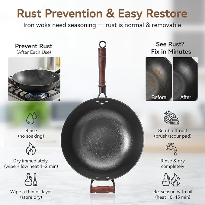 WANGYUANJI 12.6" Cast Iron Wok with Wood Lid, Traditional Uncoated Flat Bottom Chinese Stir Fry Pan, Heavy Duty Hand-Cast Wok for Induction, Gas & Glass Top Stoves (4 Qt)