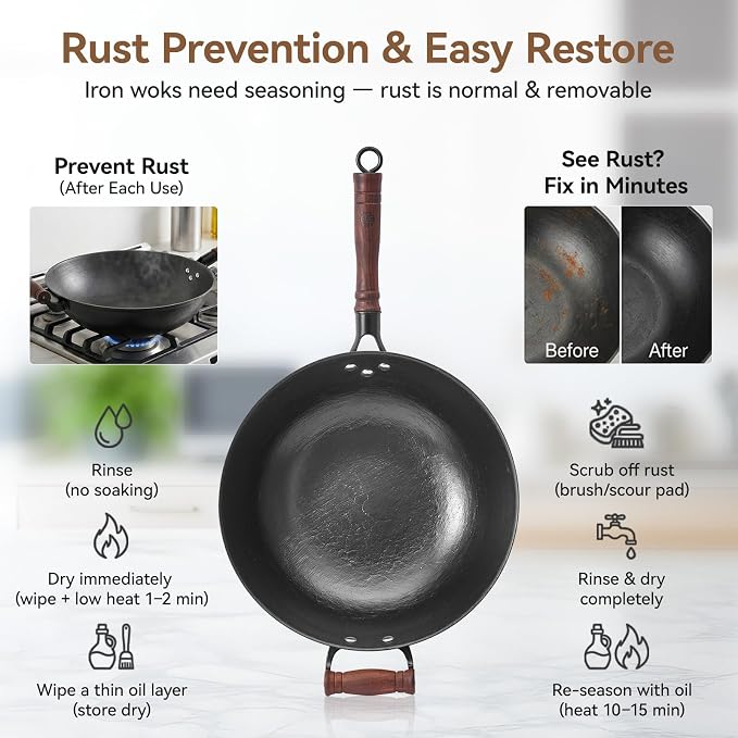 WANGYUANJI 12.6 Inch Cast Iron Wok Pan with Wood Lid, Uncoated Flat Bottom Chinese Stir Fry Pan, Heavy Duty Wok for Induction, Gas and Electric Stoves