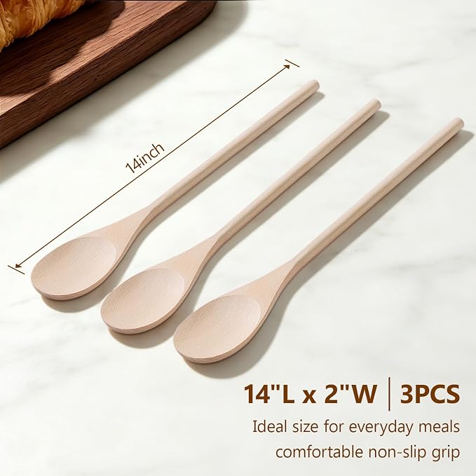 Cooking Wooden Spoons, MORGLES 14-Inch Serving Spoons for Stirring Mixing Serving Long Handle Plastic Free Reusable Non Scratch Dishwasher Safe, 3PCS