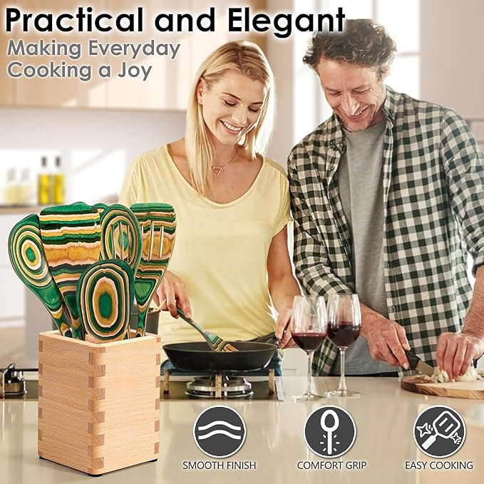 HOWHONG Wooden Spoons for Cooking, Pakkawood Kitchen Utensil Set Oasis Color, Premium Durable Wooden Utensils for Nonstick Cookware, Heat Resistant, Smooth Finish, Comfortable Grip, 7 Piece
