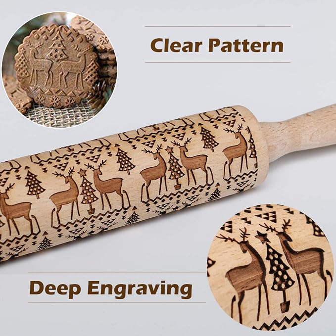 Christmas Embossed Rolling Pin for Baking Cookies Embossing Rolling Pins with Design Wooden Engraved Springerle Roller Pin Animal Dough Patterned Clay Pottery Ceramic Bakers Women (Reindeer & Tree)