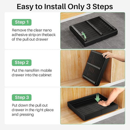 2 Pack Pull out Cabinet Organizer, Expandable(12"-20") Heavy Duty Slide out Drawer Fixed with Adhesive Nano Film for Pots, Roll out Shelf Storage for Kitchen Organization, Pantry, Bathroom(Black)