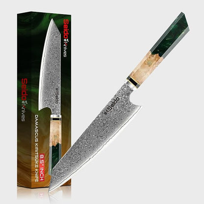 Seido Knives Kiritsuke Damascus Steel Chef Knife Epoxy Resin Stabilized Wood Handle Professional Kitchen Knife VG10 High Carbon Stainless Steel, Forest Green