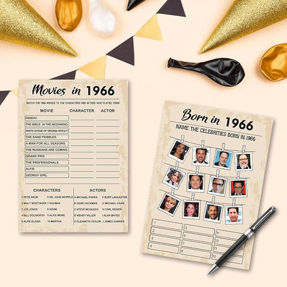 QUPT 60th Birthday Party Games, Born in 1966 Games Bundle, Set of 5 Activities for 10 Guests, Birthday Party Supplies for Adults, Pack of 50 Cards
