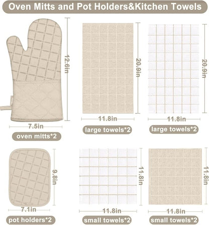 Oven Mitts Pot Holders Sets/Kitchen Towels and Dishcloths, Oven Gloves Kitchen Dish Towels 500 Degree Heat Resistant Potholders with Non-Slip Silicone Surface for Cooking, Grilling, Baking-Milkshake