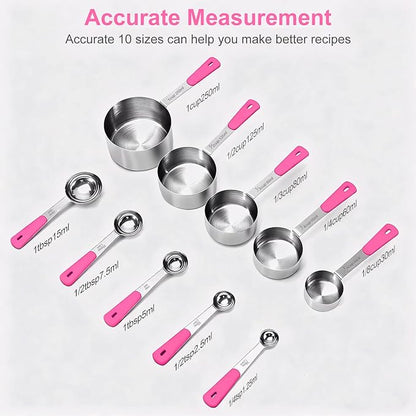 Bopei Measuring Cups and Spoons Set Stainless Steel 10 Piece for Cooking and Baking (5 Cups + 5 Spoons, Pink Handle)