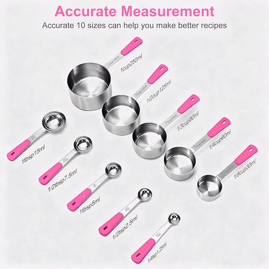 Bopei Measuring Cups and Spoons Set Stainless Steel 10 Piece for Cooking and Baking (5 Cups + 5 Spoons, Pink Handle)