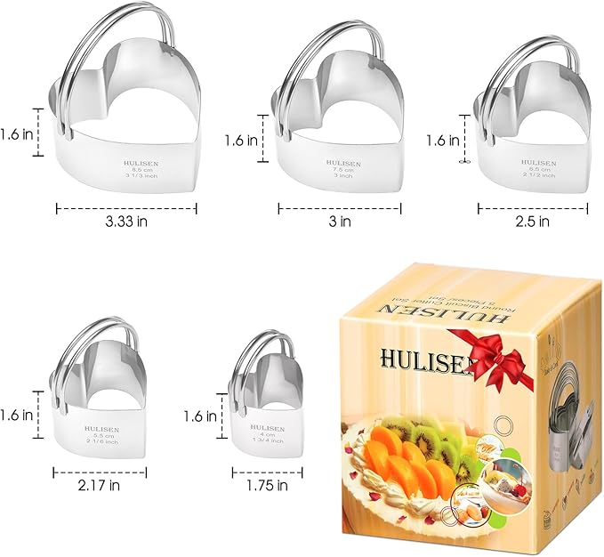 HULISEN Heart Cookie Cutter Set (5 Pieces/Set), Stainless Steel Biscuit Cutter with Handle, Professional Baking Tools Set, Gift Packaging (Heart Shaped)