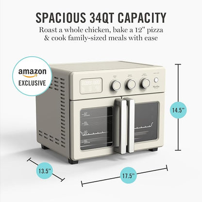 Martha Stewart French Door Air Fryer Toaster Oven Combo, 34QT Countertop Convection, 12-in-1, Bake, Broil, Roast, Fits 12” Pizza, Dehydrate, 5 Accessories, Air Fry Basket, Stainless Steel, Linen Cream