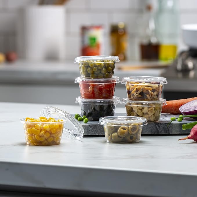 2 oz - 100 Sets Clear Diposable Plastic Portion Cups With Lids, Small Mini Containers For Portion Controll, Jello Shots, Meal Prep, Sauce Cups, Slime, Condiments, Medicine, Dressings, Crafts,