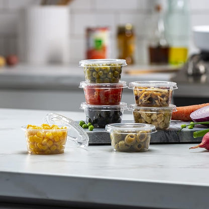 2 oz - 100 Sets Clear Diposable Plastic Portion Cups With Lids, Small Mini Containers For Portion Controll, Jello Shots, Meal Prep, Sauce Cups, Slime, Condiments, Medicine, Dressings, Crafts,
