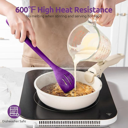 600ºF Heat Resistant Silicone Spoons: U-Taste 13.3in Solid & Slotted Kitchen Cooking Spoon, Nonstick Food Grade Long Rubber Utensil, Sturdy for Mixing, Serving, Frying, Draining (Purple, 2PCS)