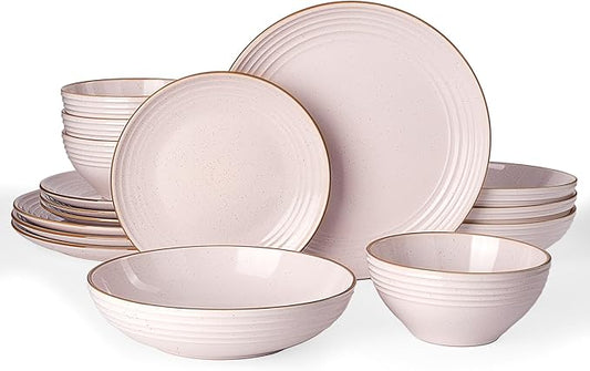 Famiware Jupiter 16-Piece Stoneware Dinnerware Set for 4 - Includes Pasta Bowl & Dinner Plate, Handcrafted Dishes with Speckles & Embossed Swirls, Chip & Scratch Resistant, Daily & Formal Use, Pink