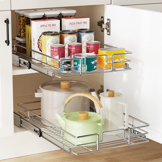 LOVMOR Pull Out Cabinet Organizer 11" W x 18" D, Kitchen Cabinet Pull Out Shelves Slide Out Storage…