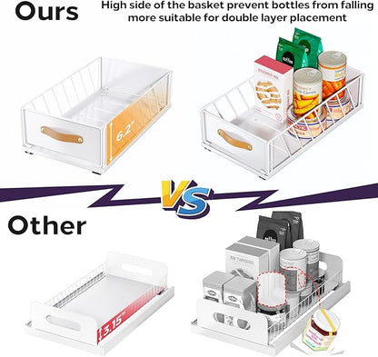 Pull out Cabinet Organizer,Heavy Duty Slide out Pantry Shelves Drawer Storage with Adhesive Nano Film,Sliding Mesh Cabinet Basket with Handle for Kitchen, Bathroom, Home, 11.8W" X 15.7"D X 6.2"H,White