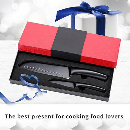SHI BA ZI ZUO 2 Pieces Kitchen Knife Set,Santoku Knife and Paring Knife,Black Ti Coating Japanese Chef Knife Fruit knives with Hollow Handle