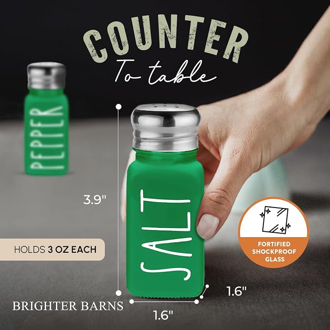 Green Salt and Pepper Shakers Set by Brighter Barns - Modern Farmhouse Kitchen Decor for Home, Restaurants, Airbnb - Cute Kitchen Decor and Accessories - Glass Shakers & Stainless Steel Lids (Green)