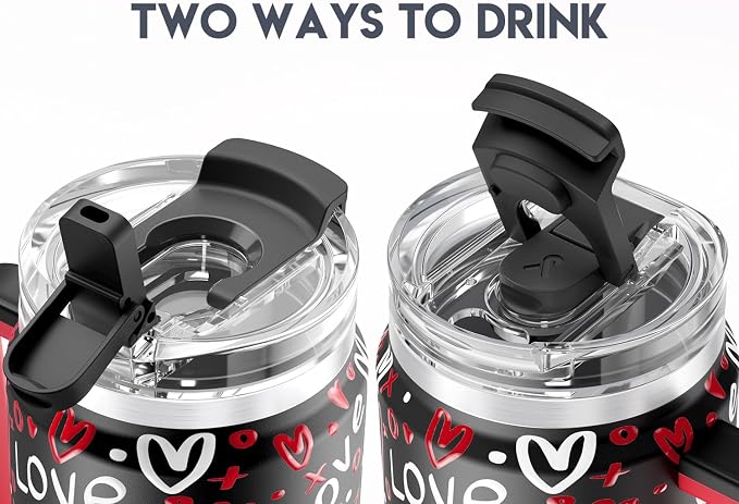 Meoky 32 oz Tumbler with Handle, Insulated Tumbler with Lid and Straw, Stainless Steel Travel Mug, Keeps Cold for 24 Hours, 100% Leak Proof, Fits in Car Cup Holder (Romance)