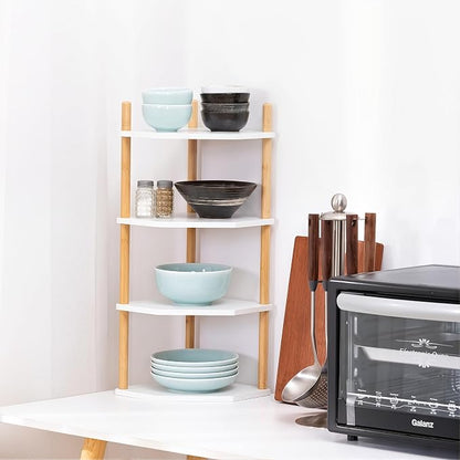 4-Tier Expandable Bamboo Corner Shelf - Dish/Plate Organizer for Cabinet, Kitchen Counter Shelf & Small Kitchen Shelf, Adjustable (White, 1-Pc 4-Tier)