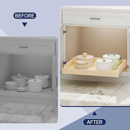 Pull Out Cabinet Organizer 28.5" W x 21" D, Soft Close Slide Out Wood Drawer Shelf for Kitchen Cabinets, Pull Out Cabinet Drawer for Base Cabinet, Pantry and Bathroom Storage, Bottom Mount