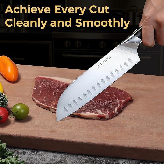 DiiHAUZZ Chef Knife, 7 Inch Ultra Sharp Japanese Santoku Knife, High Carbon Steel Forged Professional Kitchen Knife with Full Tang Triple-Riveted Ergonomic Handle for Slicing, Chopping, Dicing