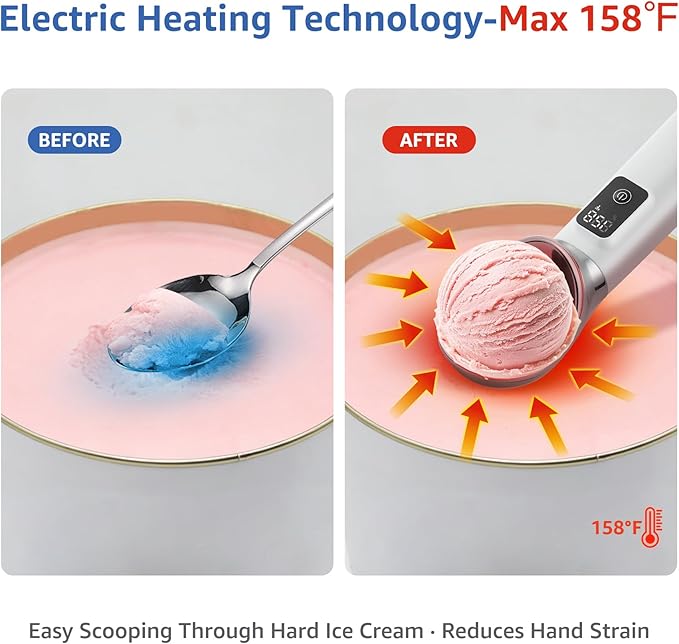 Electric Heated Ice Cream Scoop, Kitchen Gadget with Digital LED Temperature Display for Easy Scooping Rechargeable Scooper Dessert Server 5000mAh USB Powered IP67 Waterproof Kitchen Tool 2 Oz Max158℉