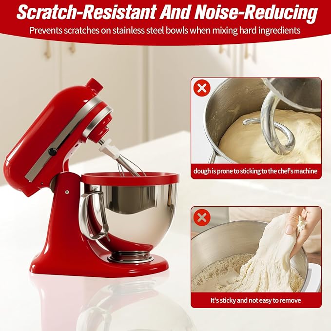 Set of 3 Silicone Bowl Liners with Lids for KitchenAid 5 Qt Tilt-Head Stand Mixer, Red Black White, Fermentation Container for Bread Baking & Sourdough, Replacement Mixer Accessories